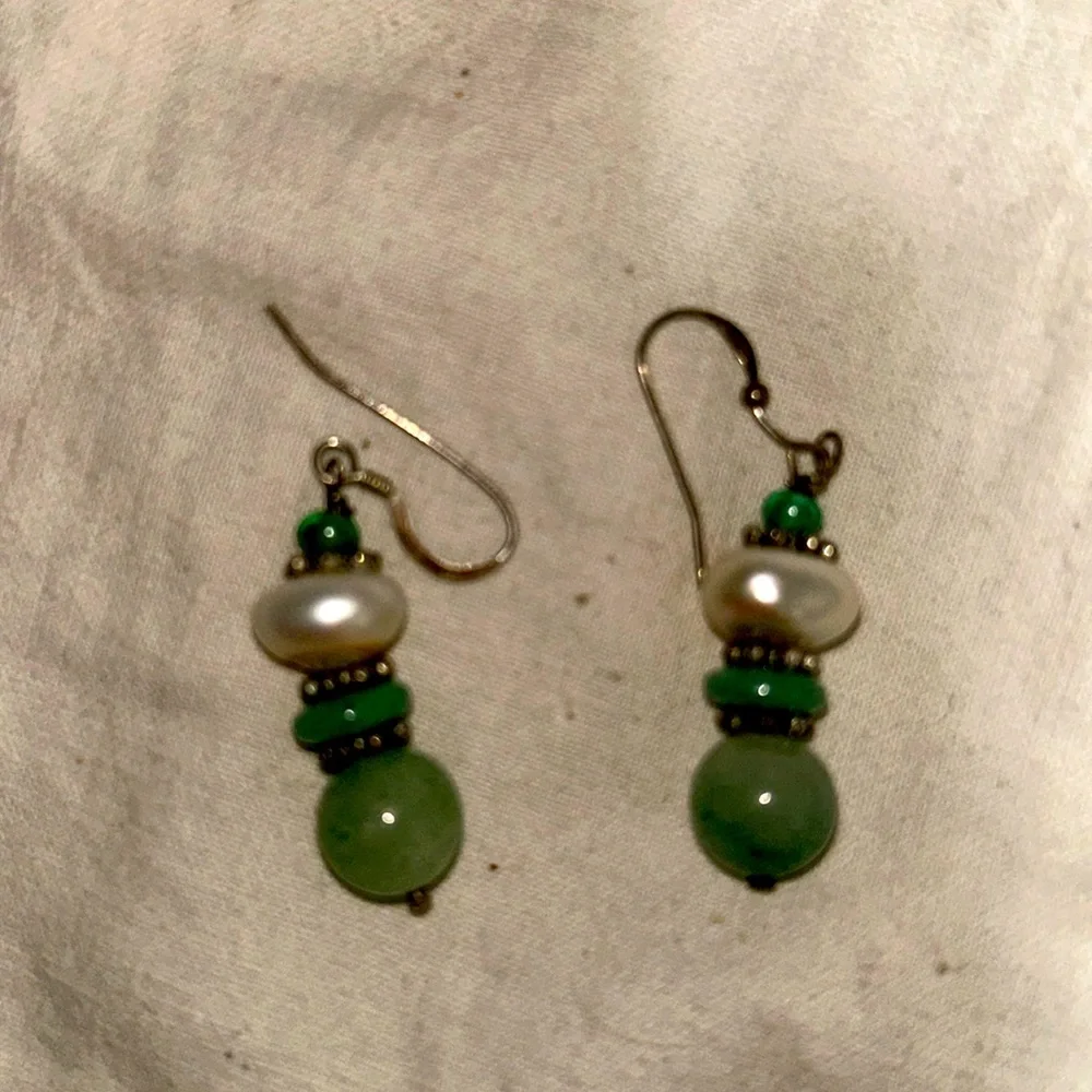 Vtg Jade,Silver, Crystal and Pearl Wire Earrings Sterling Silver. 60’s.